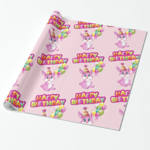 Pink Bunny Birthday Cartoon Wrapping Paper