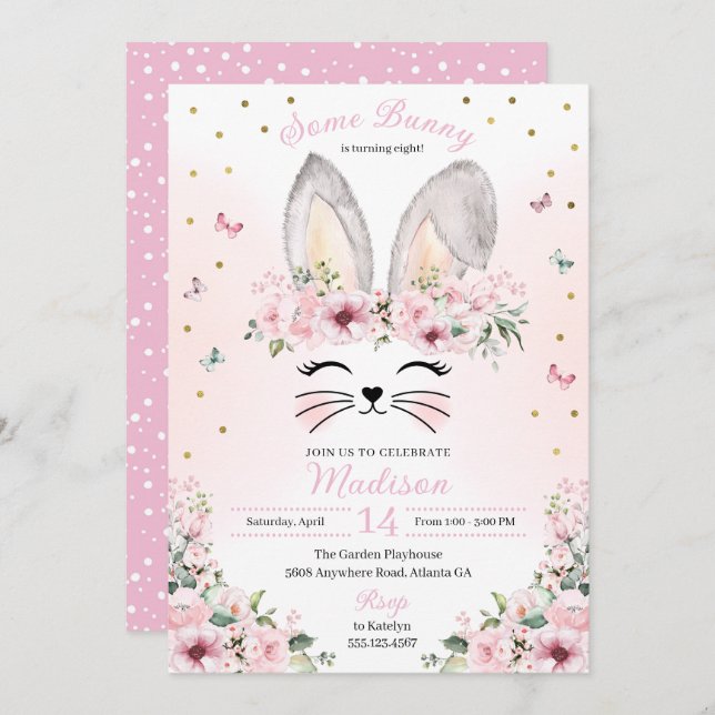 Pink Bunny Ears Flower Crown Easter Birthday Invitation (Front/Back)