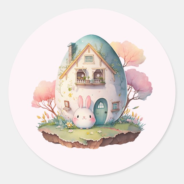 Pink Bunny & Egg Shaped House Kawaii Style Classic Round Sticker (Front)