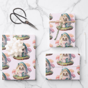 Pink Bunny & Egg Shaped House Kawaii Style Wrapping Paper Sheet