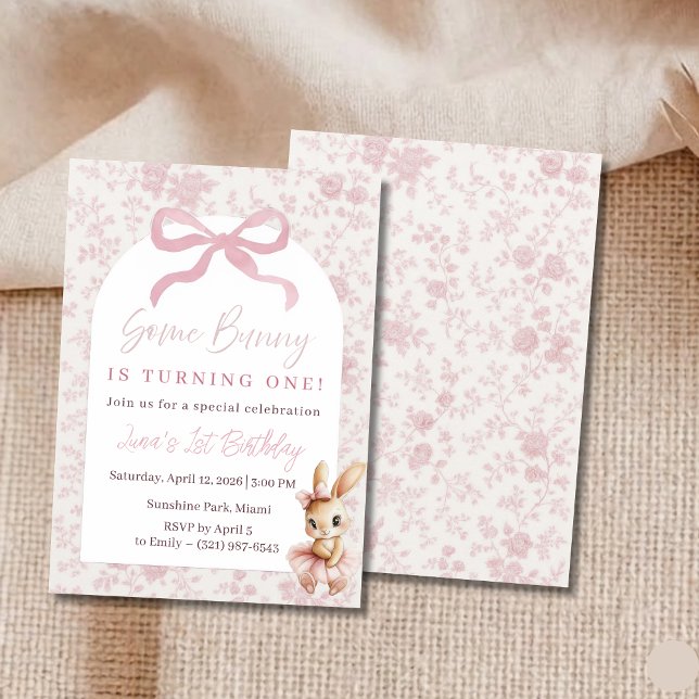 Pink Bunny First Birthday Invitation Girl Party (Creator Uploaded)