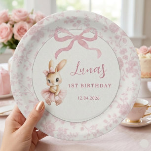 Pink Bunny First Birthday Personalised Party Plate
