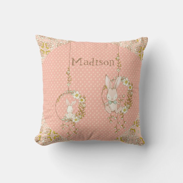 Pink Bunny Floral Baby Girl Personalised Nursery Cushion (Front)