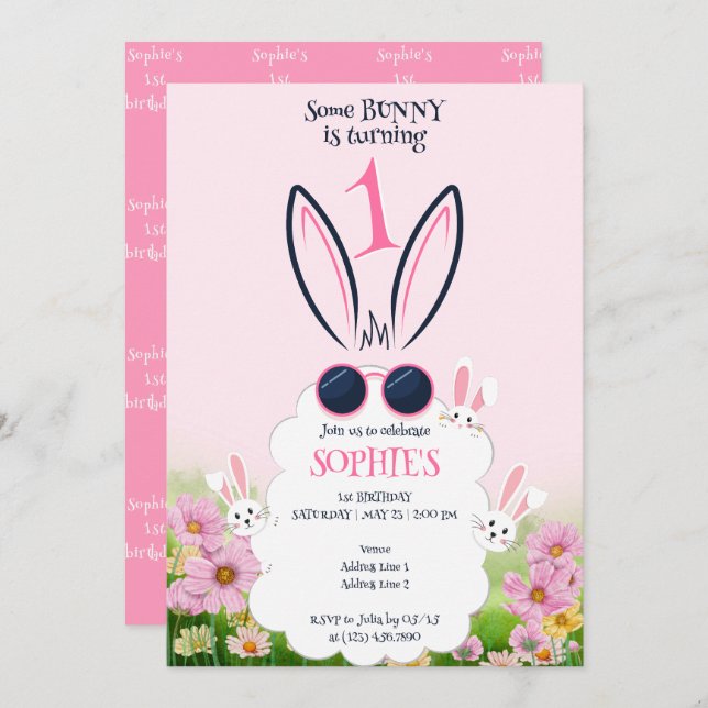 Pink Bunny Flower Garden Spring Summer Birthday Invitation (Front/Back)