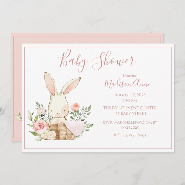 Pink Bunny Forest Watercolor Cute Baby Shower Invitation (Front/Back)