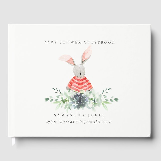 Pink Bunny Garden Succulent Foliage Baby Shower Guest Book (Front)
