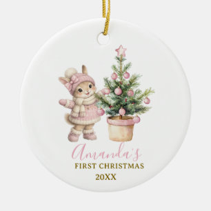 Pink Bunny Girl Rabbit First Christmas Keepsake Ceramic Ornament