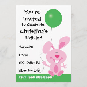 Pink Bunny Holding Green Balloon Birthday Invite