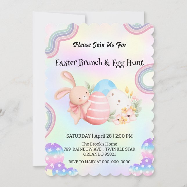 Pink bunny hunting egg Dino Happy Easter day Party Invitation (Front)