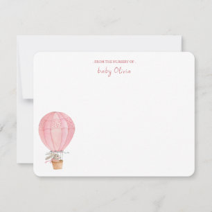 Pink Bunny in Hot Air Balloon Baby girl Thank You Card