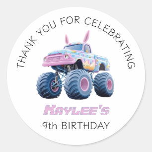 Pink Bunny Monster Truck Girls Thank You Birthday Classic Round Sticker