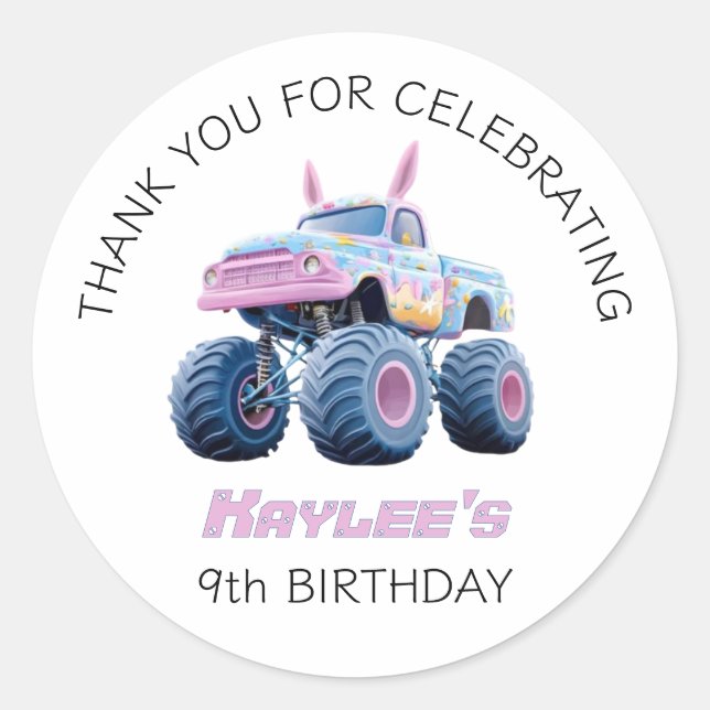 Pink Bunny Monster Truck Girls Thank You Birthday Classic Round Sticker (Front)