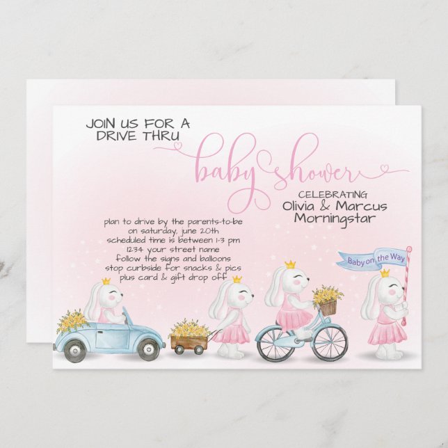 Pink Bunny Parade Drive Thru Baby SHower Invitation (Front/Back)
