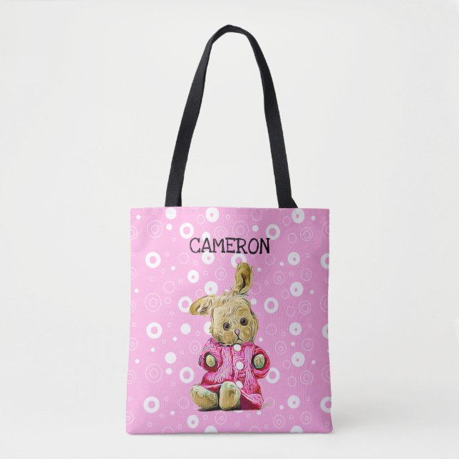 Pink Bunny Personalised White Polka Dot Tote Bag (Front)