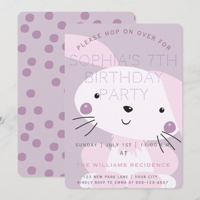Pink Bunny & Purple Polkadots Girls Birthday Party Invitation (Front/Back)