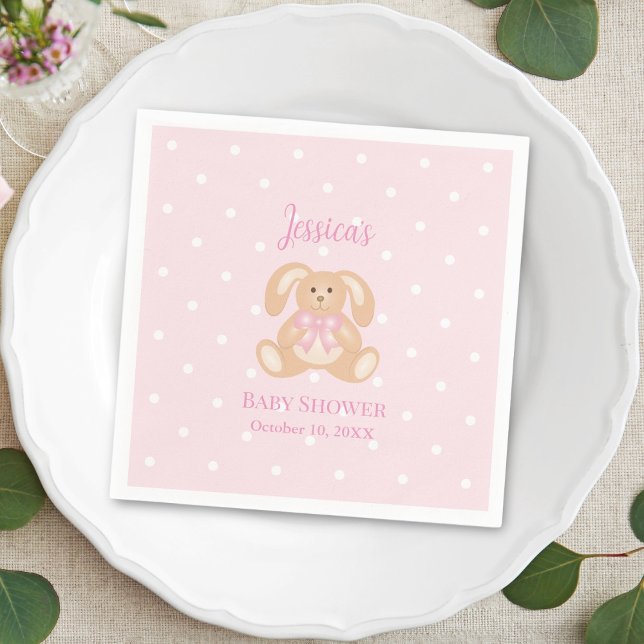 Pink Bunny Rabbit Cute Polka Dots Girl Baby Shower Napkin (Creator Uploaded)