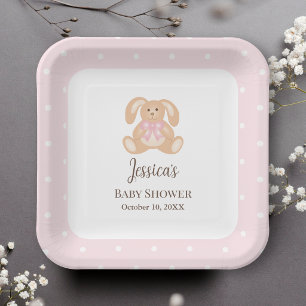 Pink Bunny Rabbit Cute Polka Dots Girl Baby Shower Paper Plate