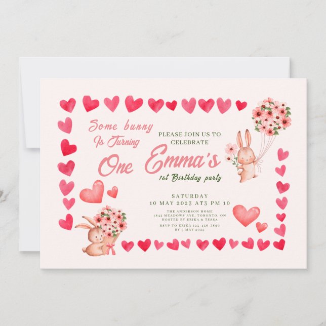 Pink bunny rabbit with Heart birthday party  Invitation (Front)