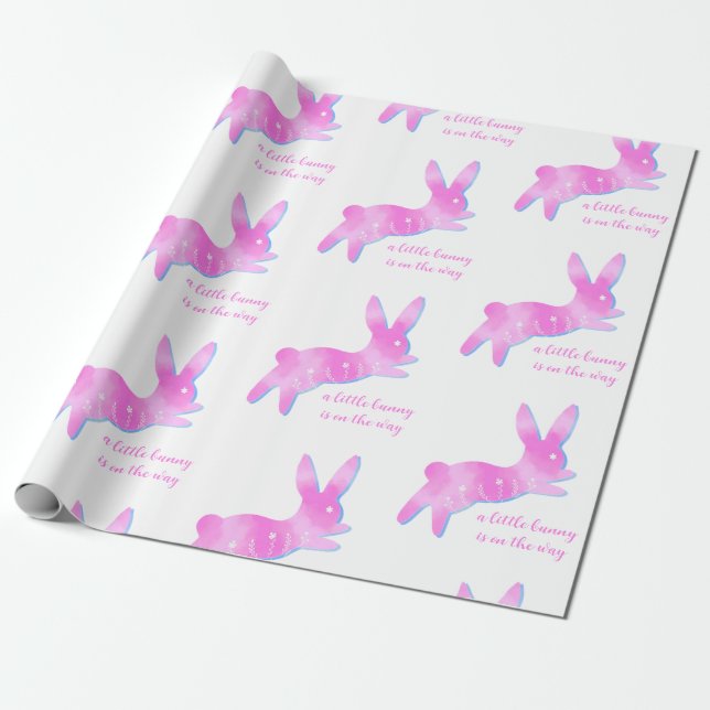 Pink Bunny Silhouette Cute Custom Girl Baby Shower Wrapping Paper (Unrolled)