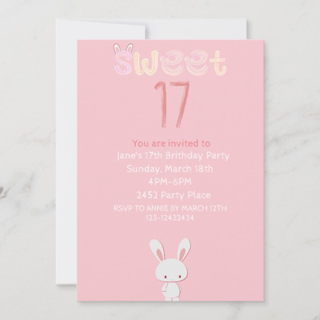 pink bunny sweet seventeen brithday invitation (Front)