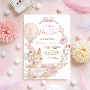 Pink Bunny Tea Party First Birthday Girl Invitation
