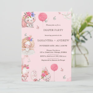 Pink Bunny Themed Diaper Party Invitation