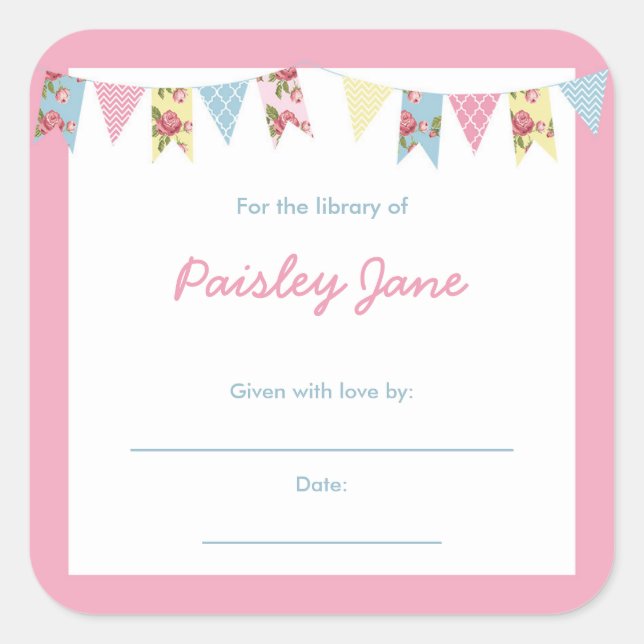 Pink Bunting Baby Shower book Bookplates Square Sticker (Front)