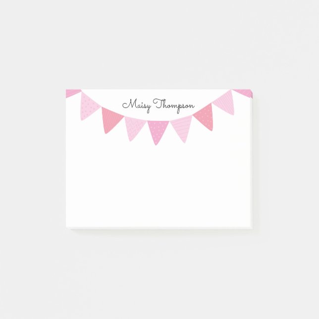 Pink Bunting Script Name Post-it Notes (Front)