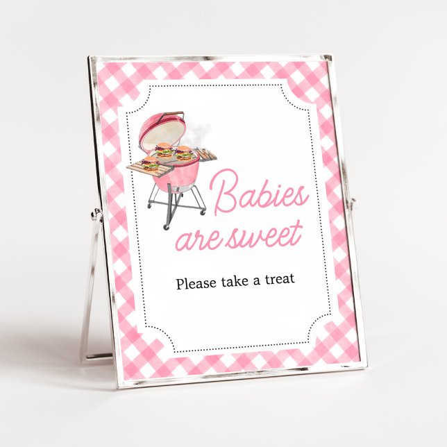 Pink Burger BBQ Baby Shower Babies are Sweet Poster (Girl Backyard BBQ Baby Shower Babies are Sweet Sign)