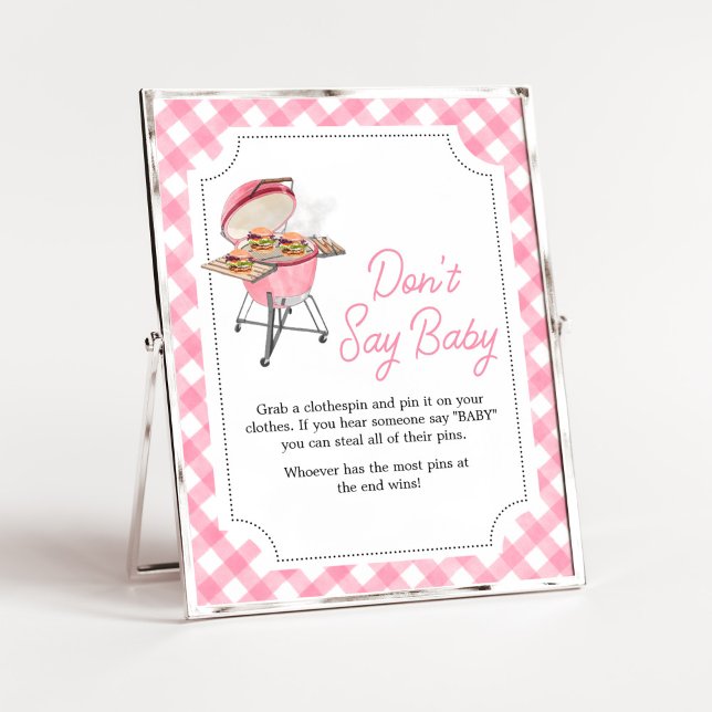 Pink Burger BBQ Baby Shower Don't Say Baby Poster (Girl Backyard BBQ Baby Shower Don't Say Baby Sign)
