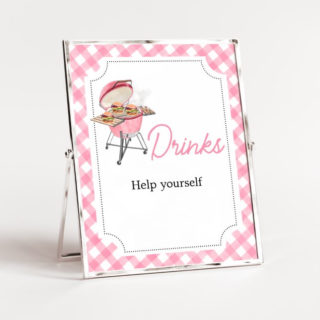 Pink Burger BBQ Baby Shower Drinks Poster (Girl Backyard BBQ Baby Shower Drinks Sign)