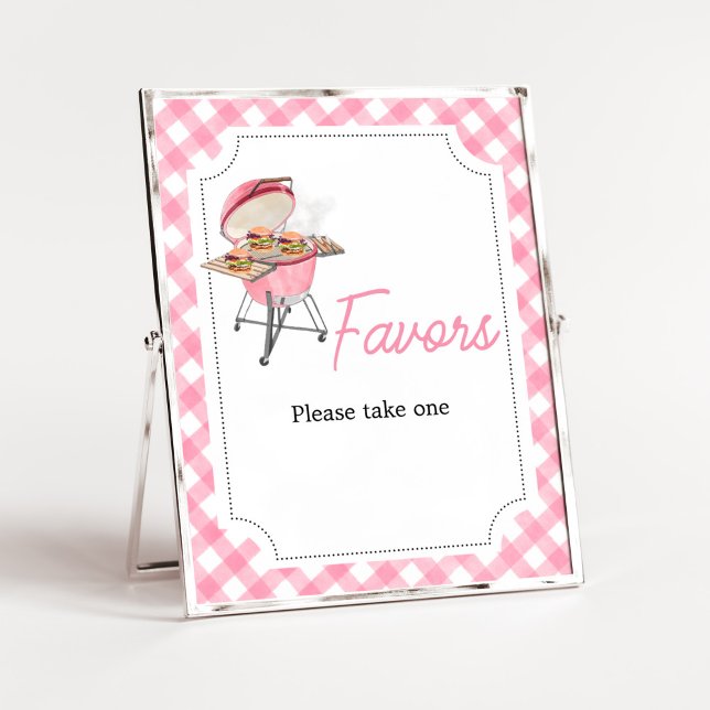 Pink Burger BBQ Baby Shower Favours Poster (Girl Backyard BBQ Baby Shower Favors Sign)