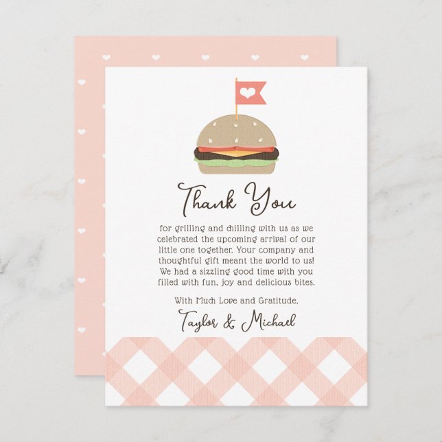 Pink Burger Couples BBQ Baby Shower Thank You Card (Front/Back)