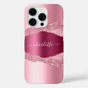 Pink burgundy agate marble name script iPhone 16 pro case