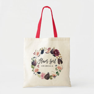Pink, burgundy and fig floral flower girl tote bag