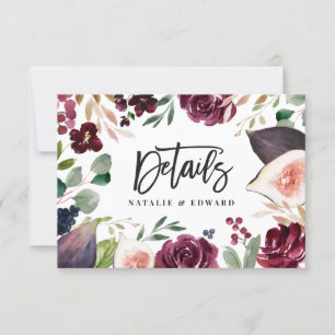 Pink, burgundy and fig floral wedding details card