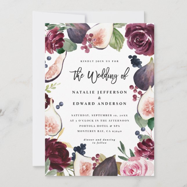 Pink, burgundy and fig floral wedding invitation (Front)