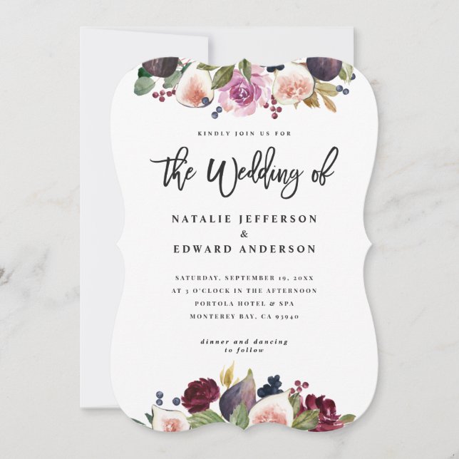 Pink, burgundy and fig floral wedding invitation (Front)