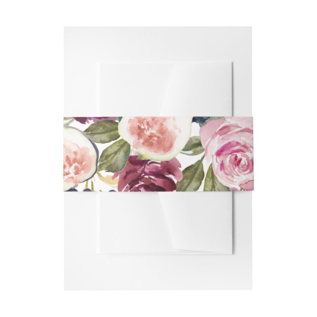 Pink, burgundy and fig floral wedding invitation belly band (Front Example)