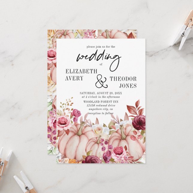 Pink Burgundy Autumn Pumpkin Floral Wedding Invita Invitation (Front/Back In Situ)