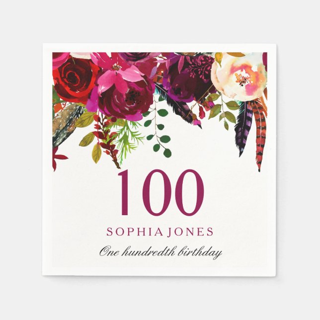 Pink & Burgundy Boho Floral 100th Birthday Party Napkin (Front)