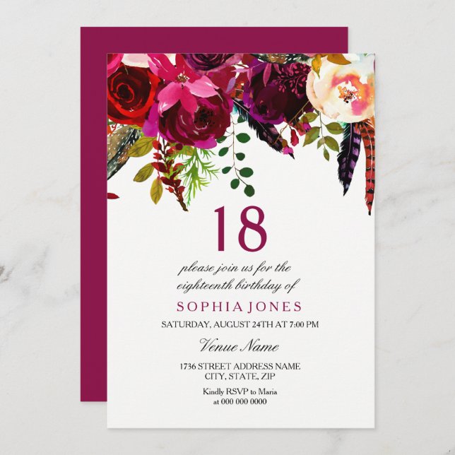 Pink & Burgundy Boho Floral 18th Birthday Party Invitation (Front/Back)