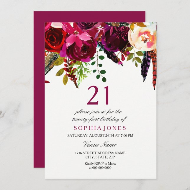 Pink & Burgundy Boho Floral 21st Birthday Party Invitation (Front/Back)