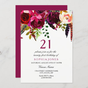 Pink & Burgundy Boho Floral 21st Birthday Party Invitation