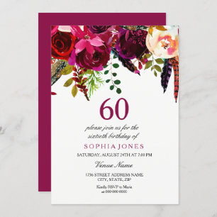 Pink & Burgundy Boho Floral 60th Birthday Party Invitation