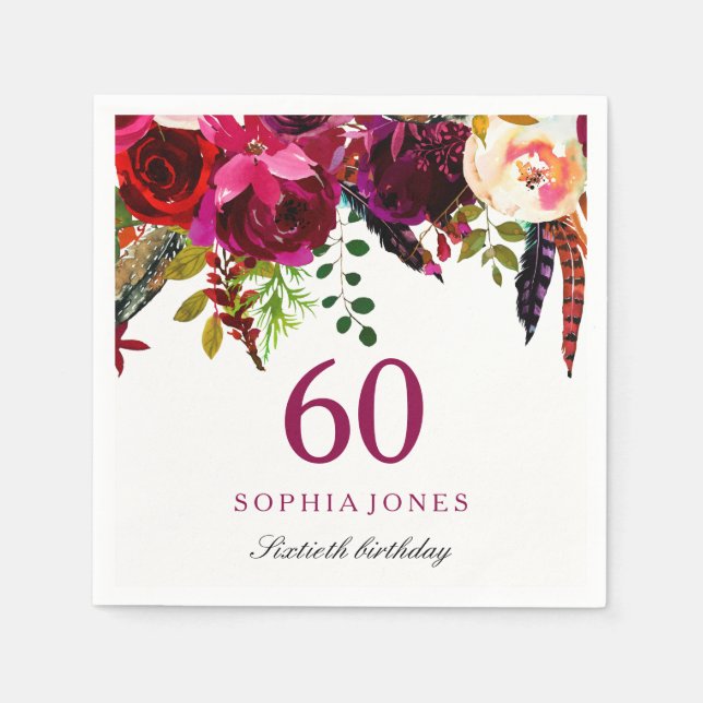 Pink & Burgundy Boho Floral 60th Birthday Party Napkin (Front)