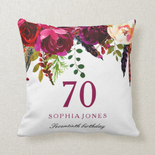 Pink & Burgundy Boho Floral 70th Birthday Gift Cushion
