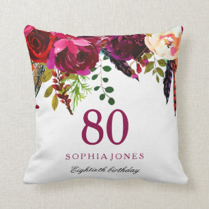 Pink & Burgundy Boho Floral 80th Birthday Gift Cushion