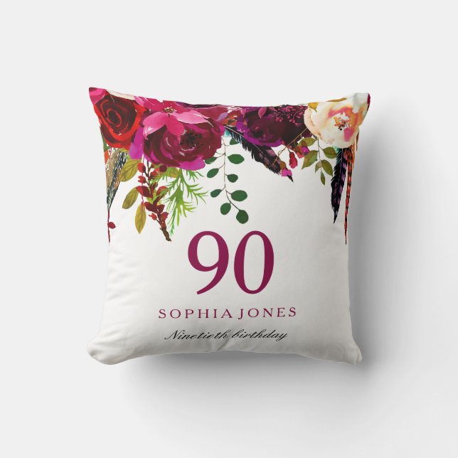 Pink & Burgundy Boho Floral 90th Birthday Gift Cushion (Front)