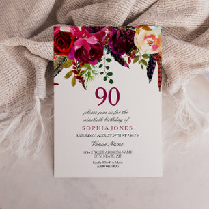 Pink & Burgundy Boho Floral 90th Birthday Party Invitation